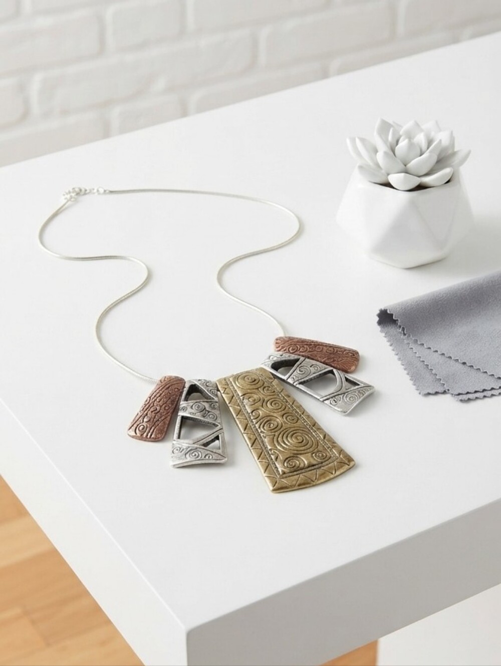 Artisan Multi-Tone Geometric Pendant Necklace - Gold, Silver & Copper